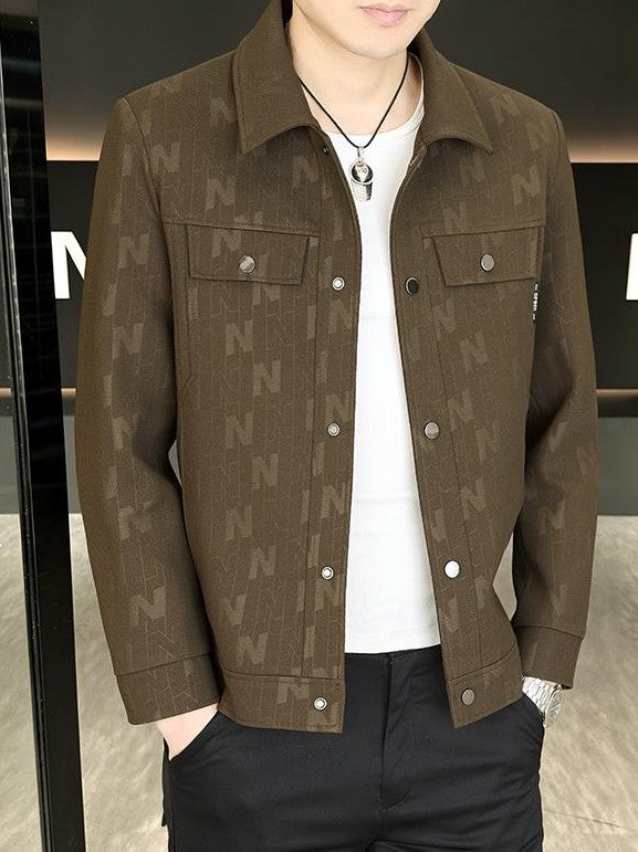 Letter-Jacquard Collared Jacket