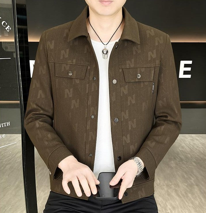 Letter-Jacquard Collared Jacket