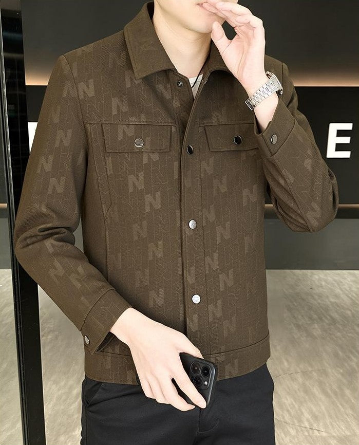 Letter-Jacquard Collared Jacket