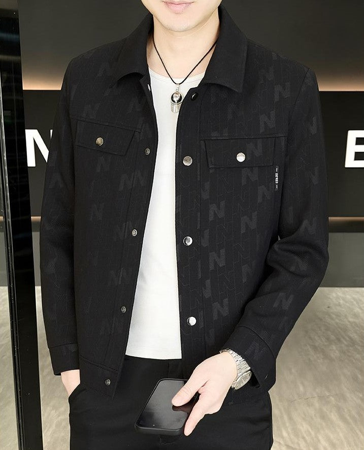 Letter-Jacquard Collared Jacket