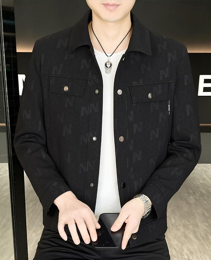 Letter-Jacquard Collared Jacket