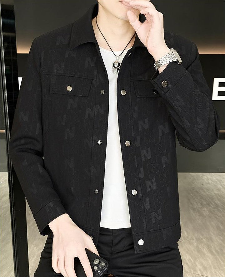 Letter-Jacquard Collared Jacket