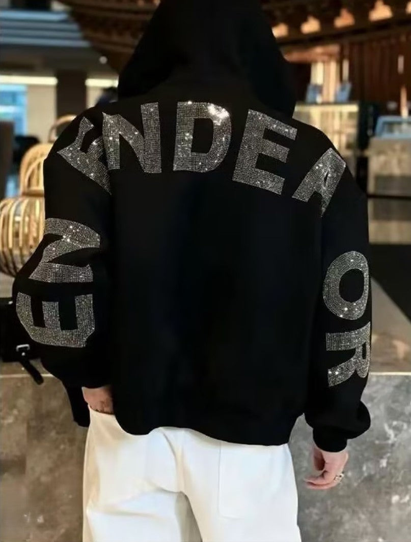 Trendy Rhinestone-Embellished Zip-Up Hoodie