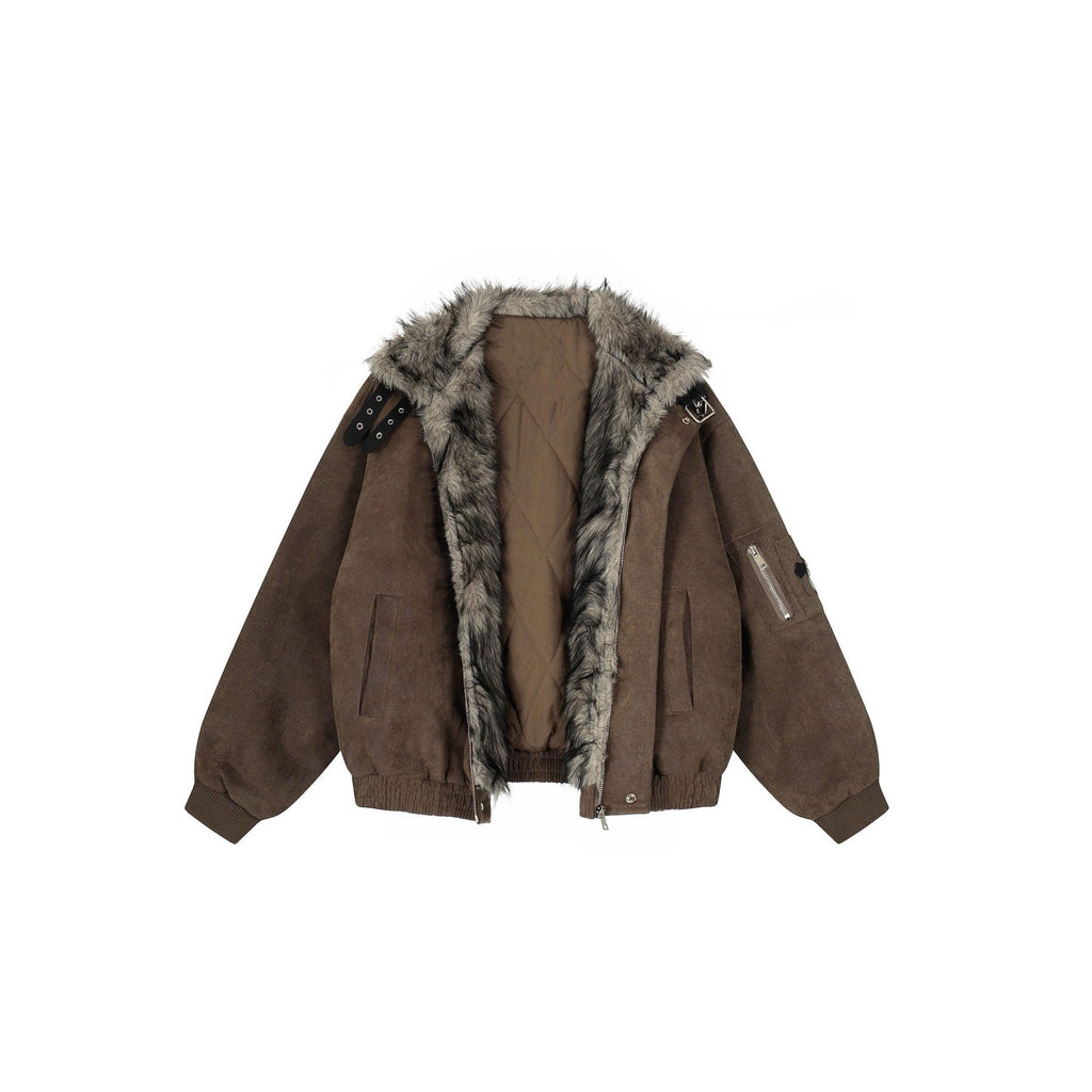 Vintage-Style Padded Jacket With A Faux Fur Collar and Cross Motif
