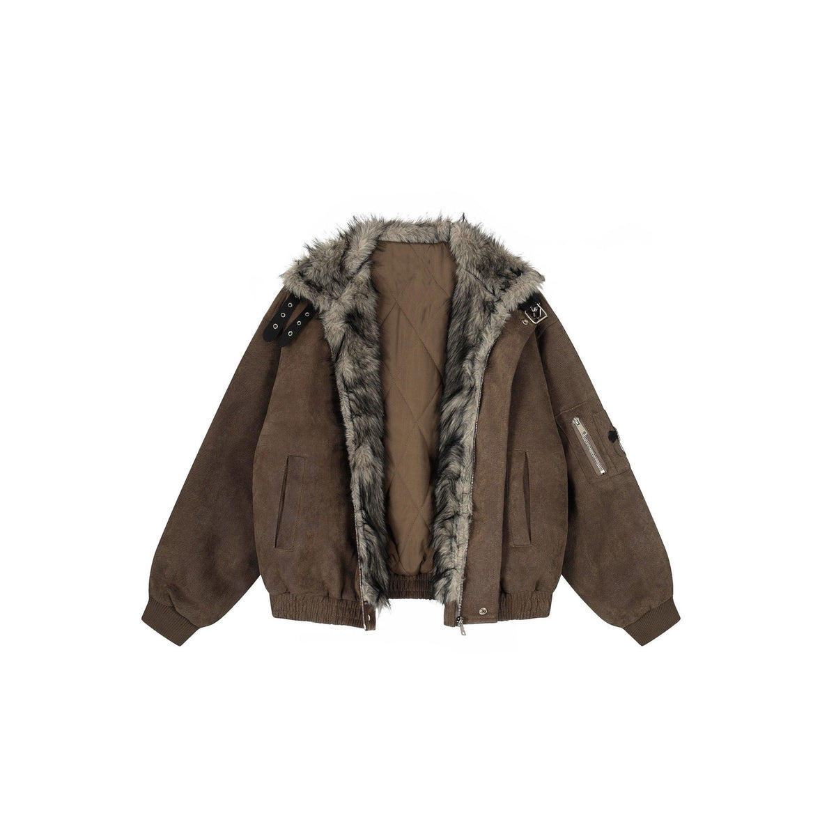 Vintage-Style Padded Jacket With A Faux Fur Collar and Cross Motif