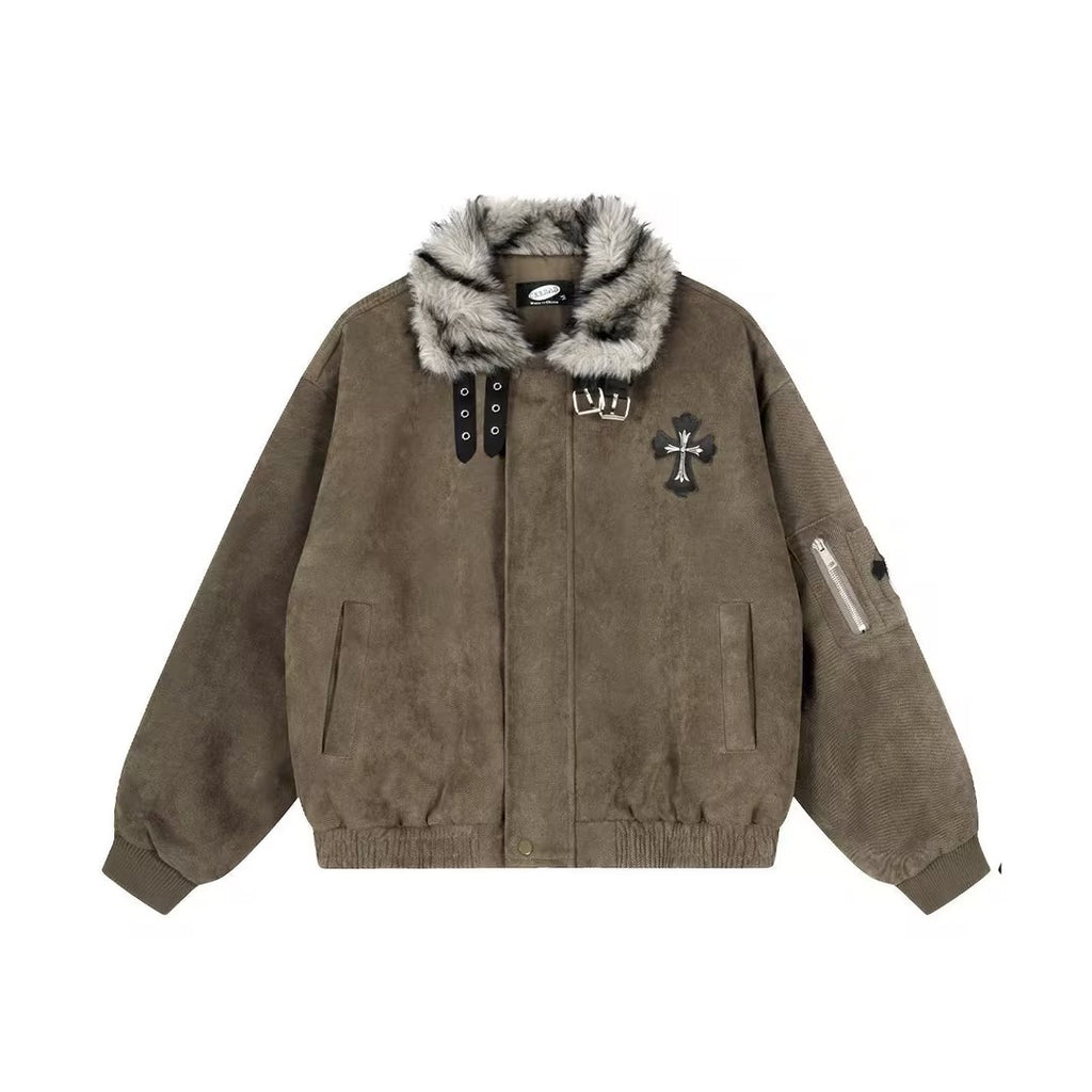 Vintage-Style Padded Jacket With A Faux Fur Collar and Cross Motif