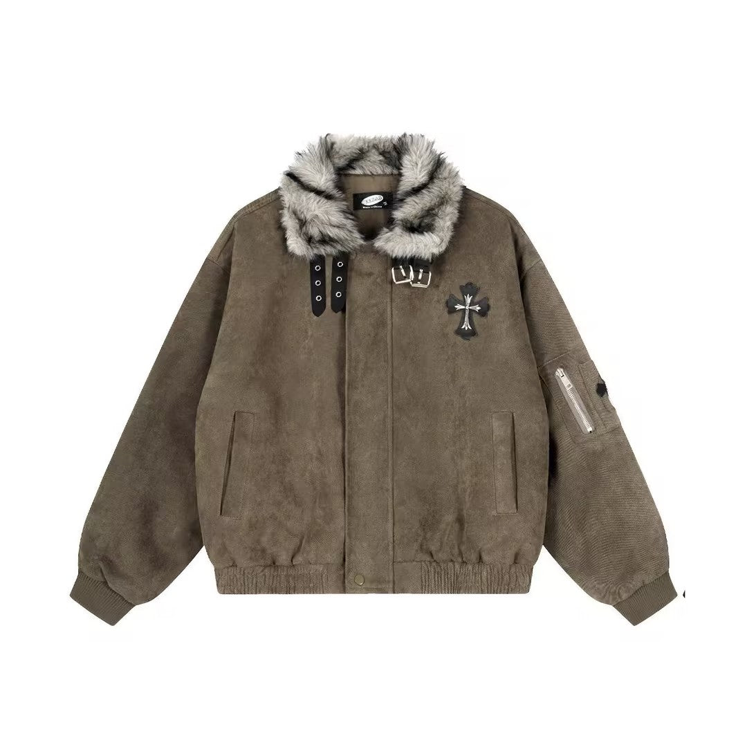 Vintage-Style Padded Jacket With A Faux Fur Collar and Cross Motif