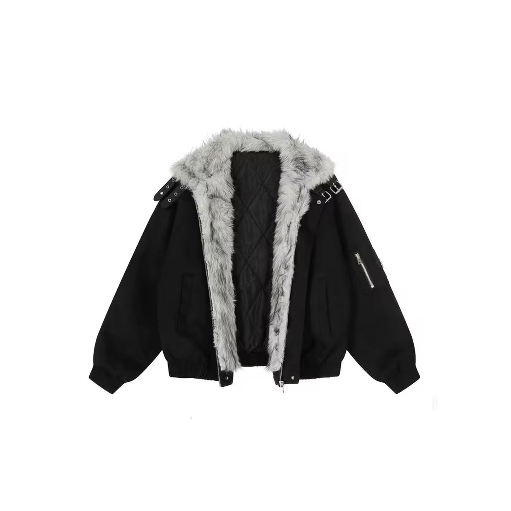 Vintage-Style Padded Jacket With A Faux Fur Collar and Cross Motif
