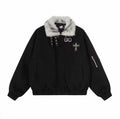 Vintage-Style Padded Jacket With A Faux Fur Collar and Cross Motif