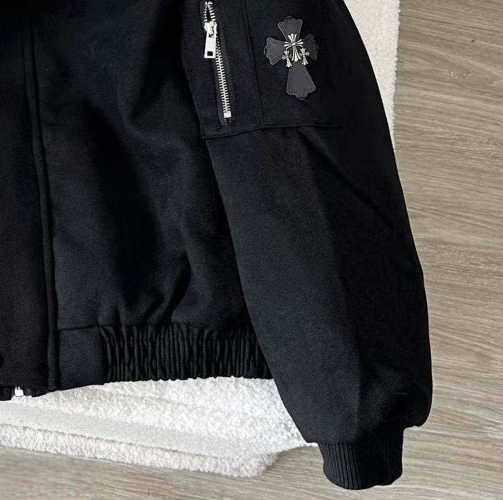 Vintage-Style Padded Jacket With A Faux Fur Collar and Cross Motif