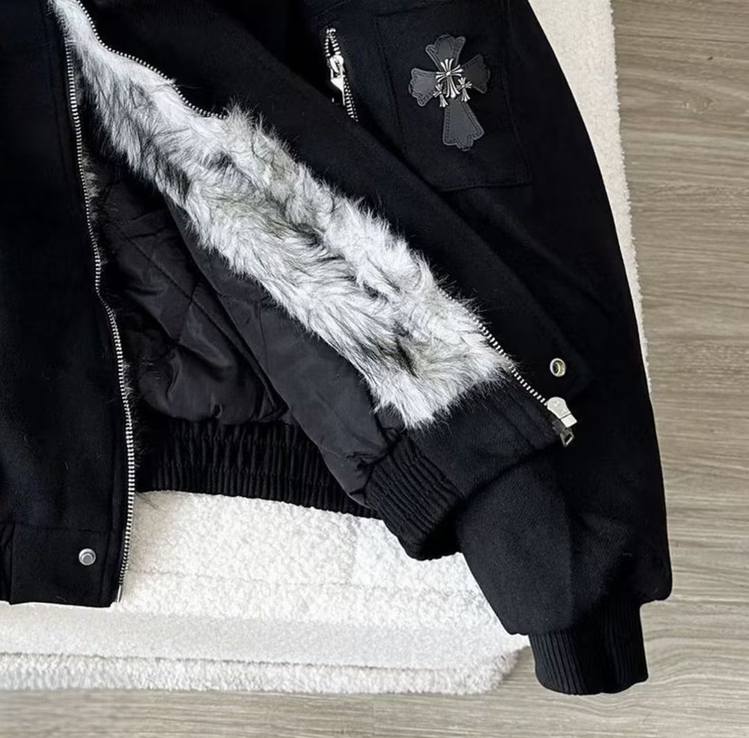 Vintage-Style Padded Jacket With A Faux Fur Collar and Cross Motif