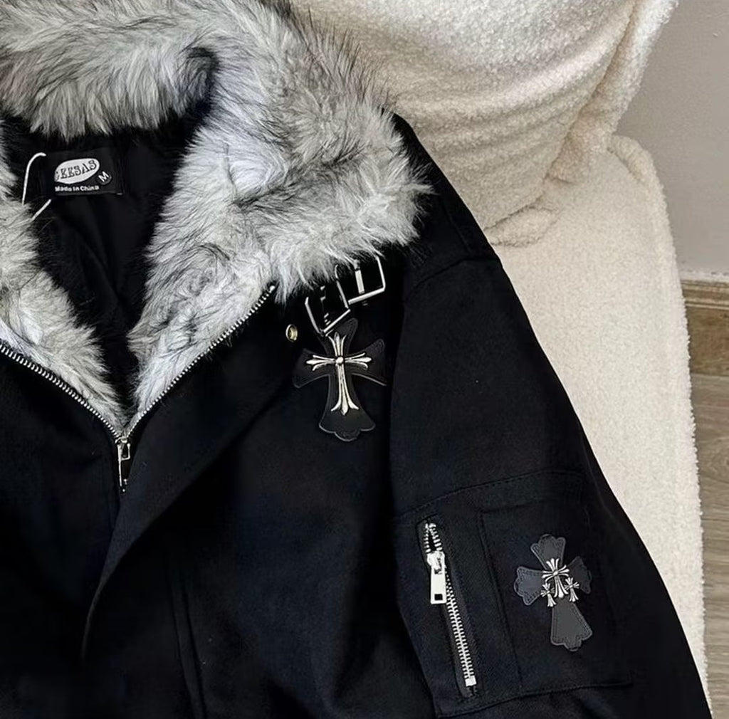 Vintage-Style Padded Jacket With A Faux Fur Collar and Cross Motif