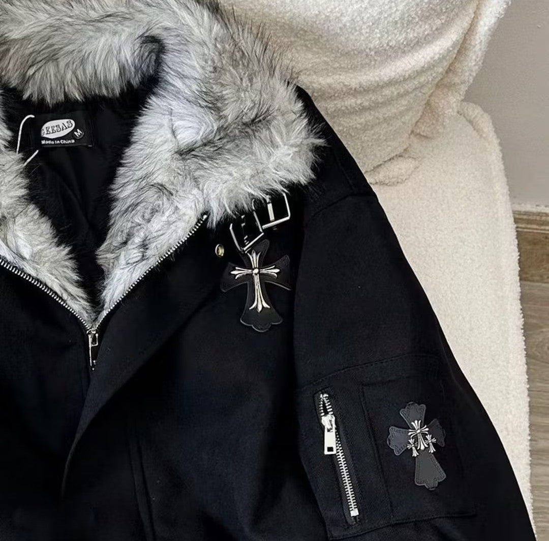 Vintage-Style Padded Jacket With A Faux Fur Collar and Cross Motif