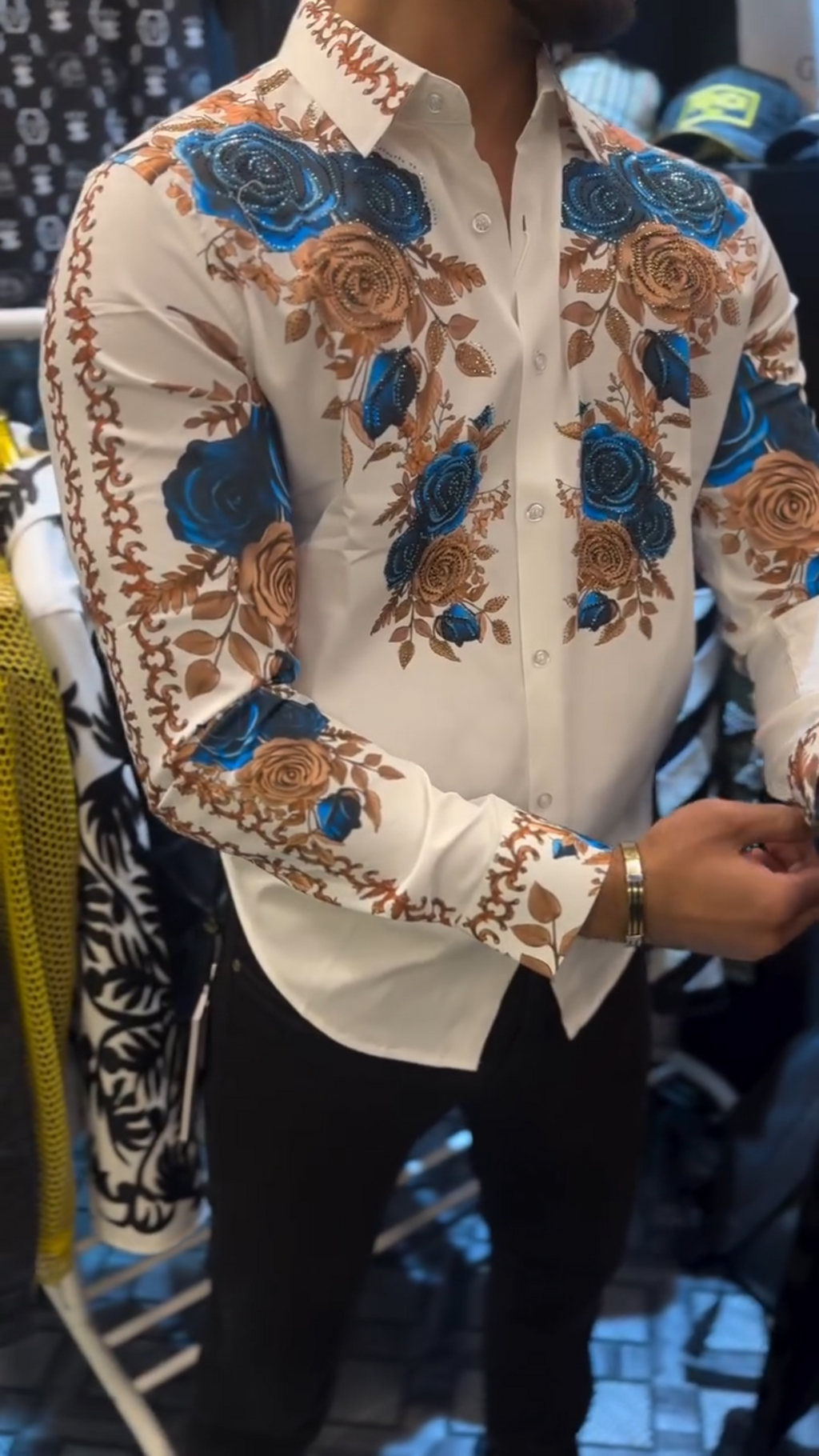 Light luxury hand-embroidered rhinestone rose shirt