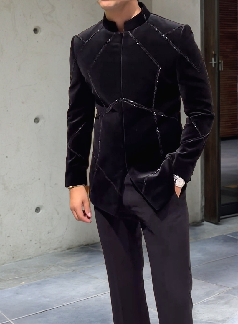 Men's Black Velvet Handcrafted Cut Stylish Coat