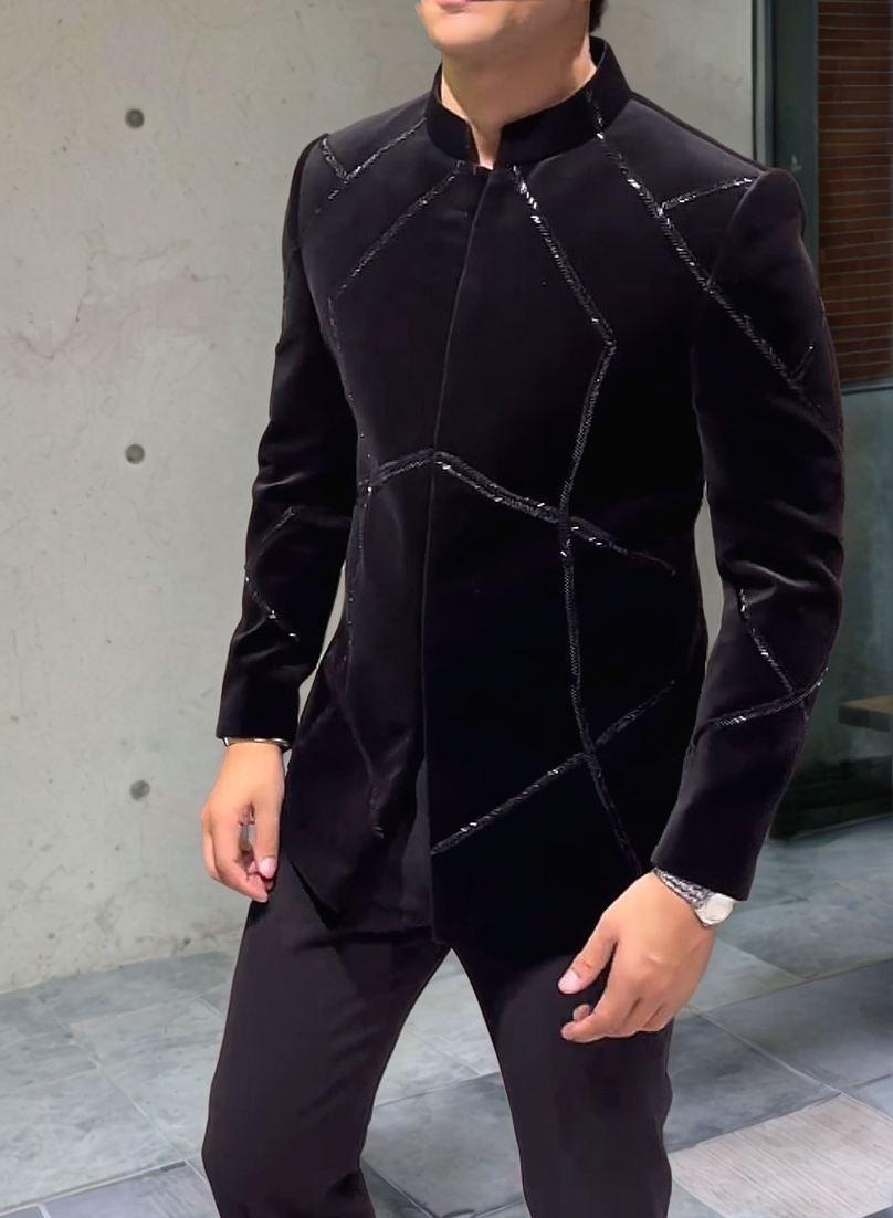 Men's Black Velvet Handcrafted Cut Stylish Coat