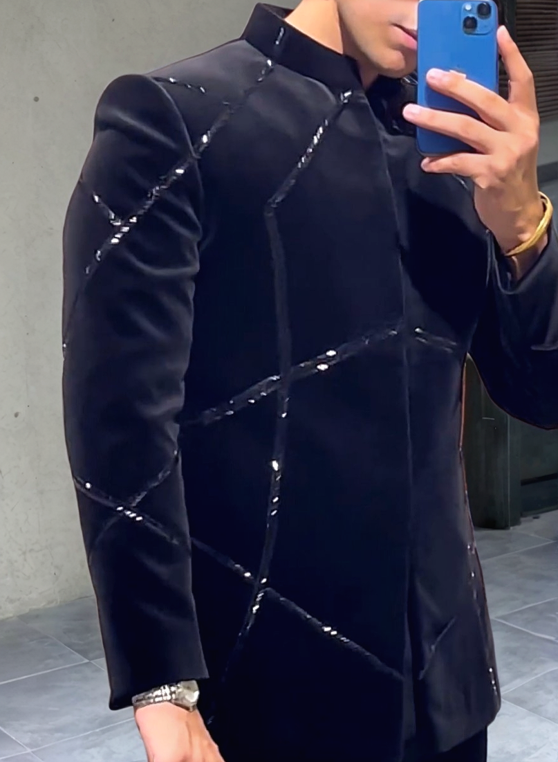 Men's Black Velvet Handcrafted Cut Stylish Coat