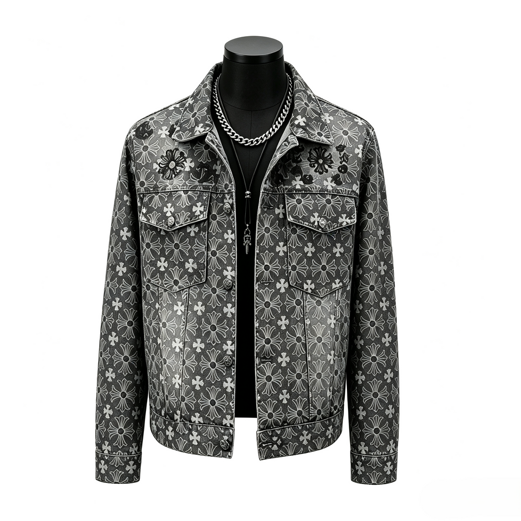 Dark Washed Cross Floral Denim Jacket