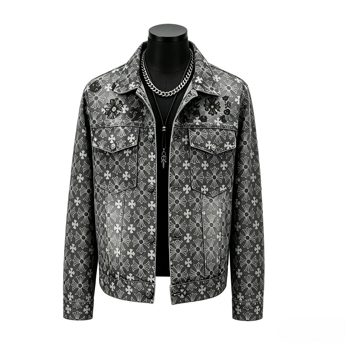 Dark Washed Cross Floral Denim Jacket