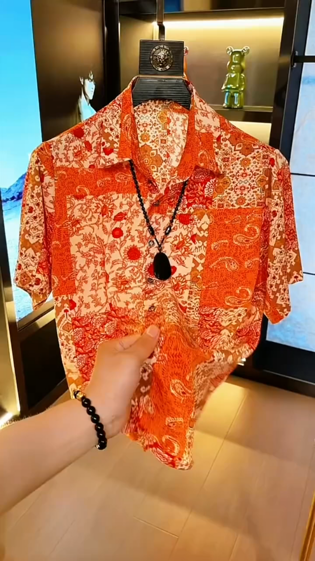 Orange Hawaiian Ice Silk Floral Shirt