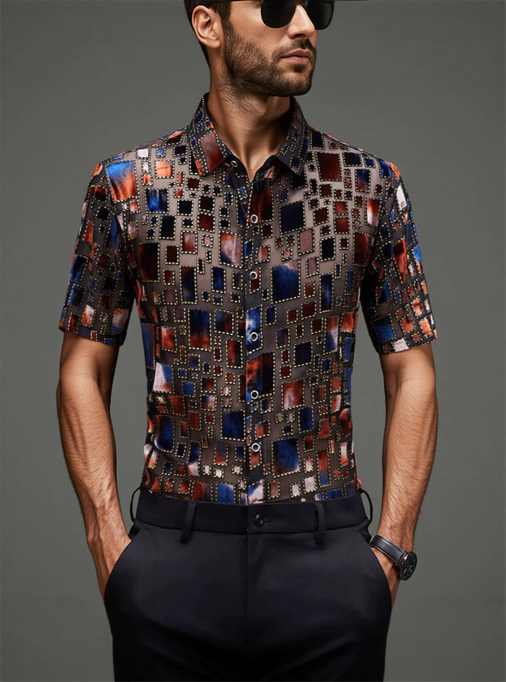 Gold-Trimmed Embroidered Checkered Shirt