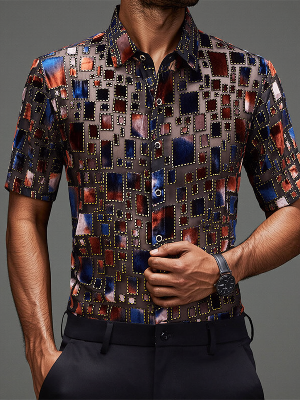 Gold-Trimmed Embroidered Checkered Shirt