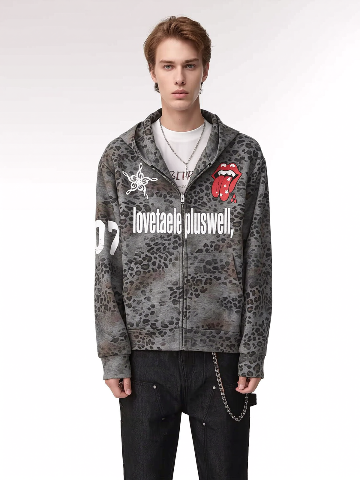 Leopard Print Lip Graphic Zip Hoodie