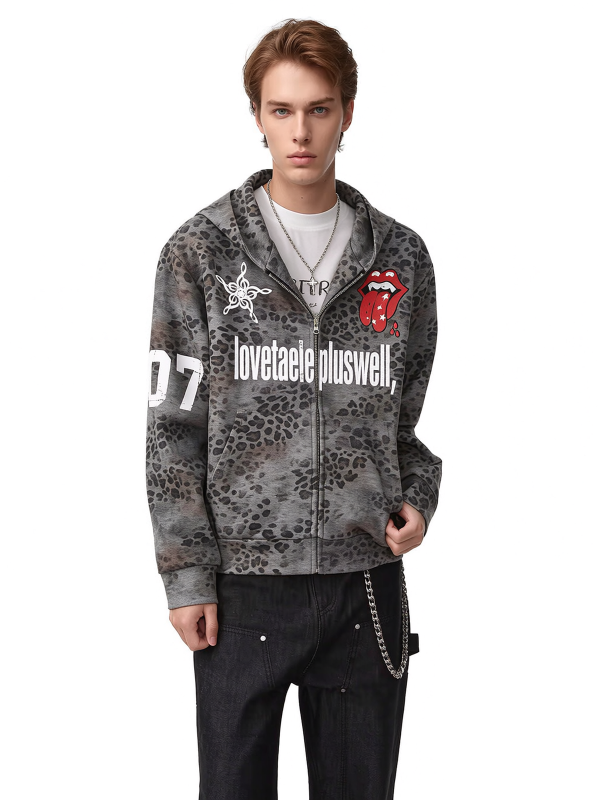 Leopard Print Lip Graphic Zip Hoodie