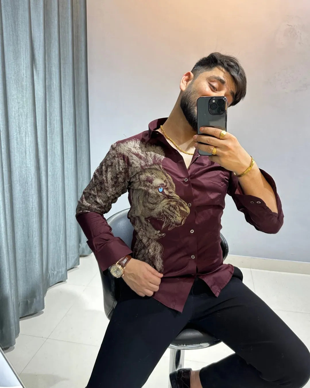 Light luxury rhinestone domineering lion shirt
