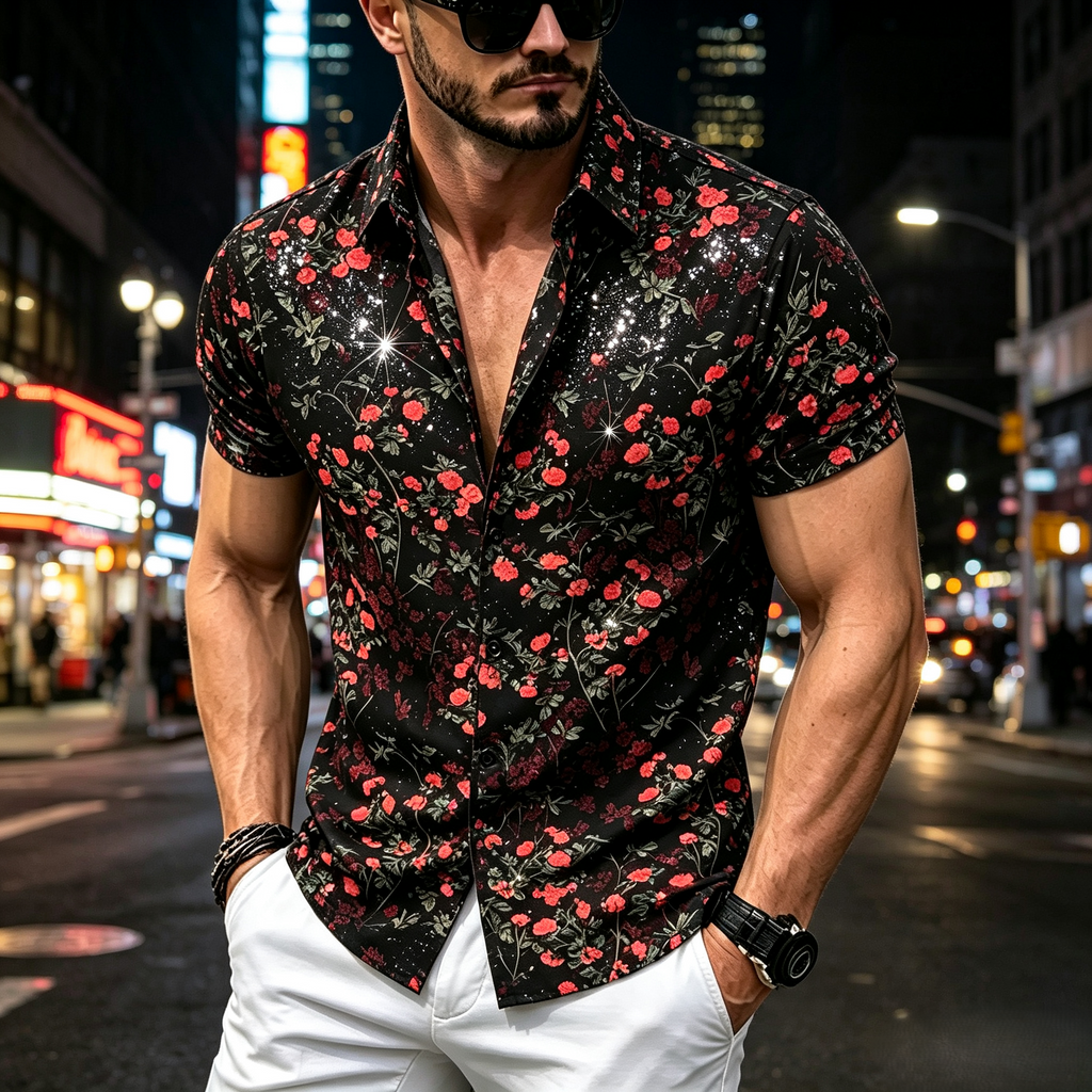 Men's Rhinestone and Starry Floral Shirt