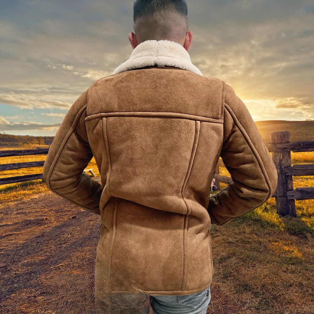 Men's Classic Shearling Collar Leather Cowboy Jacket