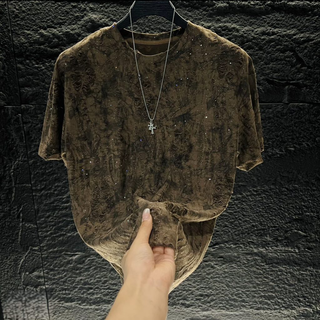 Rhinestone Ripped Pattern T-shirt