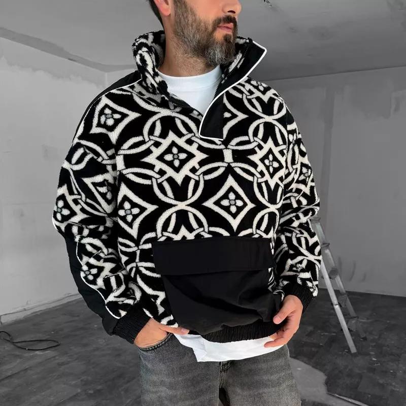 Patterned Plush Sweatshirt With Pockets