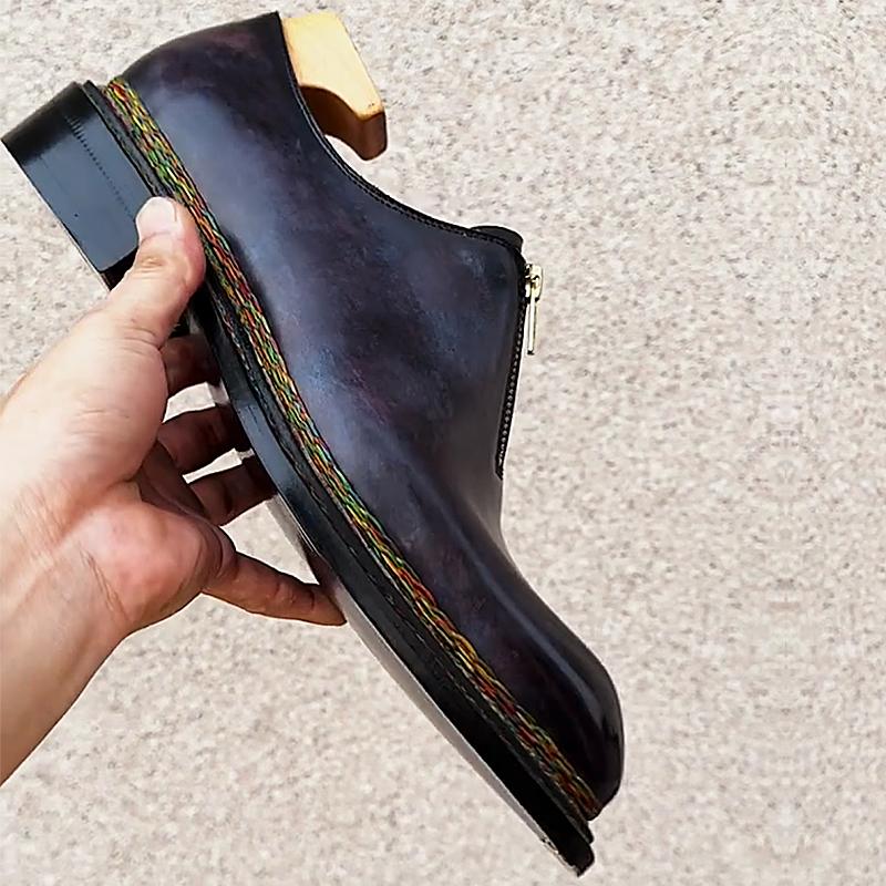 Triple Colorful Stitched Leather Zipper Men's Formal Shoes