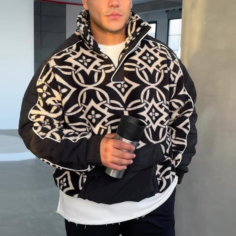 Patterned Plush Sweatshirt With Pockets