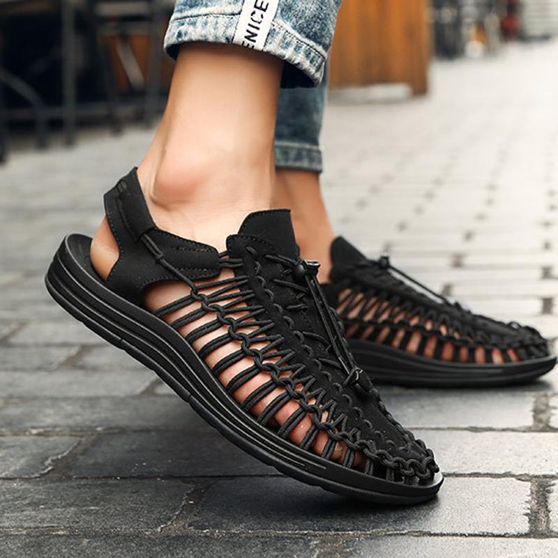 Men's Cutout Leather Woven Casual Sandals