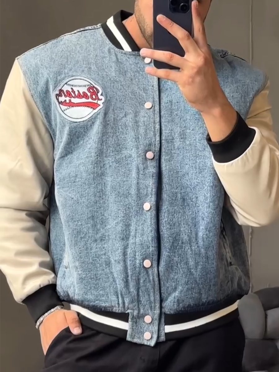 Men's Washed Vintage Patchwork Baseball Jacket