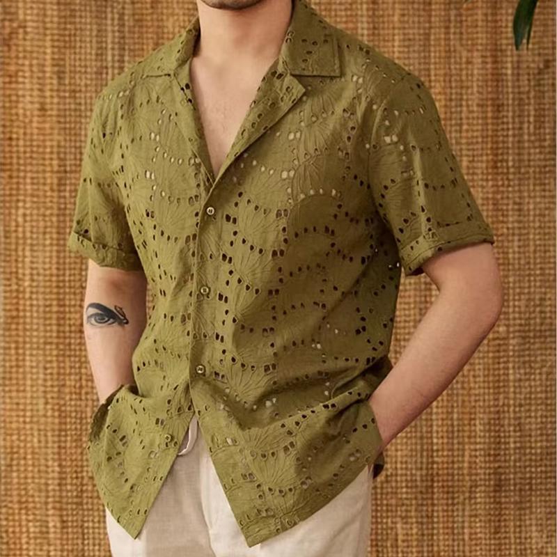 Men's Cuban Collar Cutout Short Sleeve Shirt