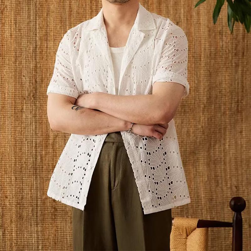 Men's Cuban Collar Cutout Short Sleeve Shirt
