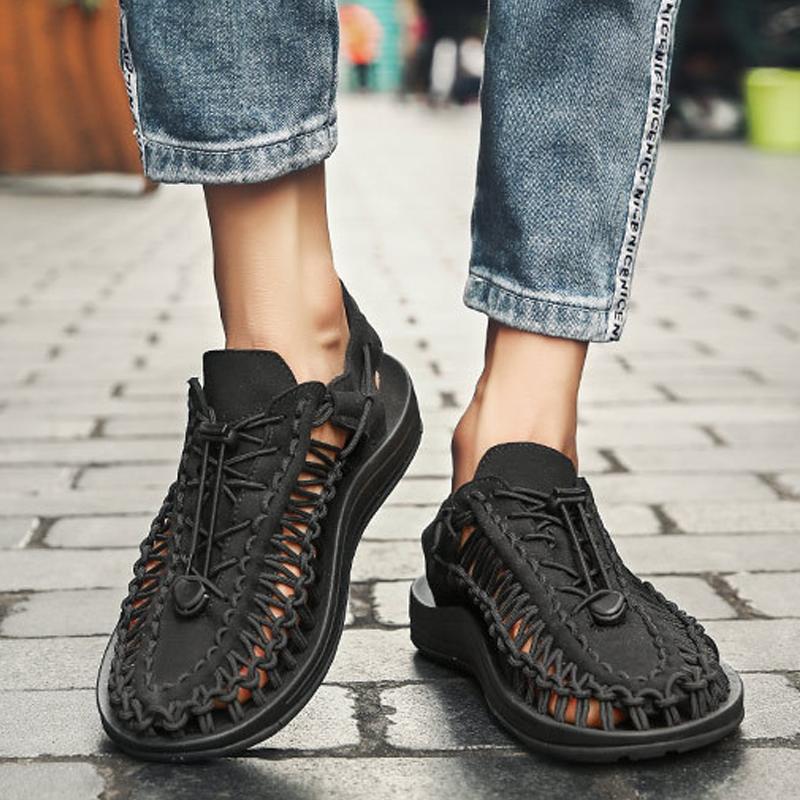 Men's Cutout Leather Woven Casual Sandals