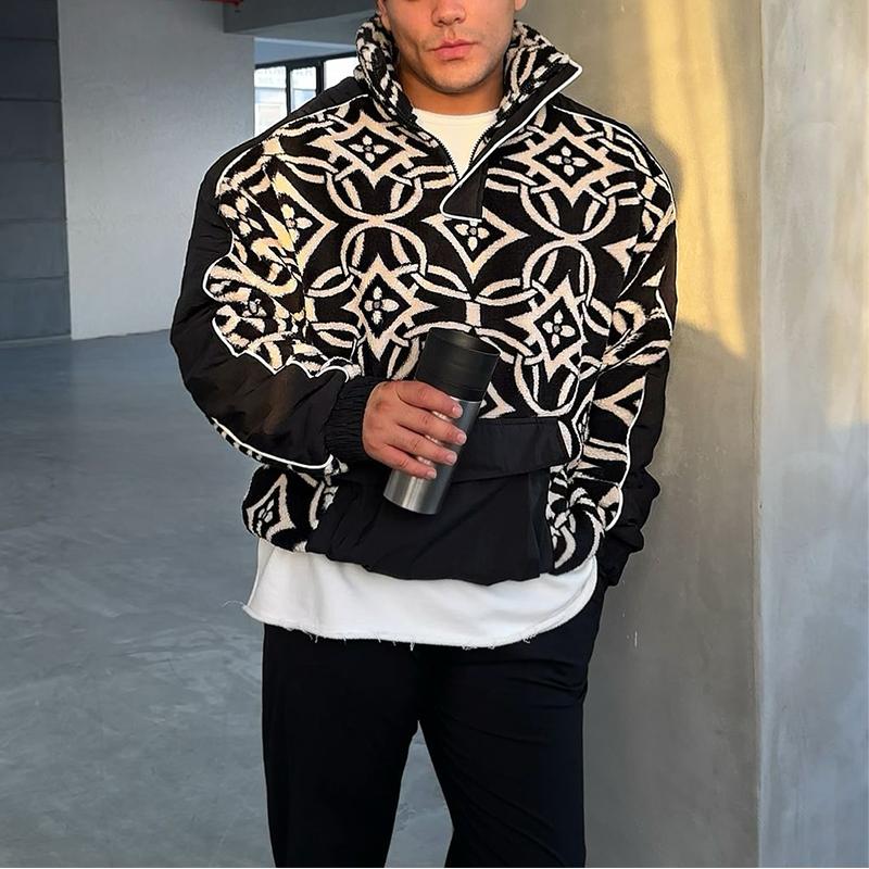 Patterned Plush Sweatshirt With Pockets