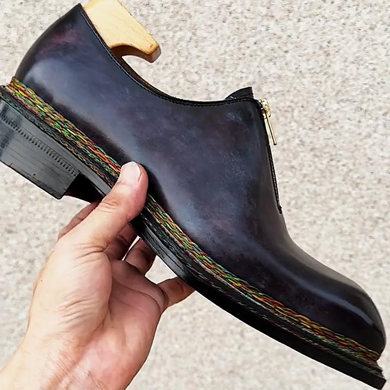 Triple Colorful Stitched Leather Zipper Men's Formal Shoes