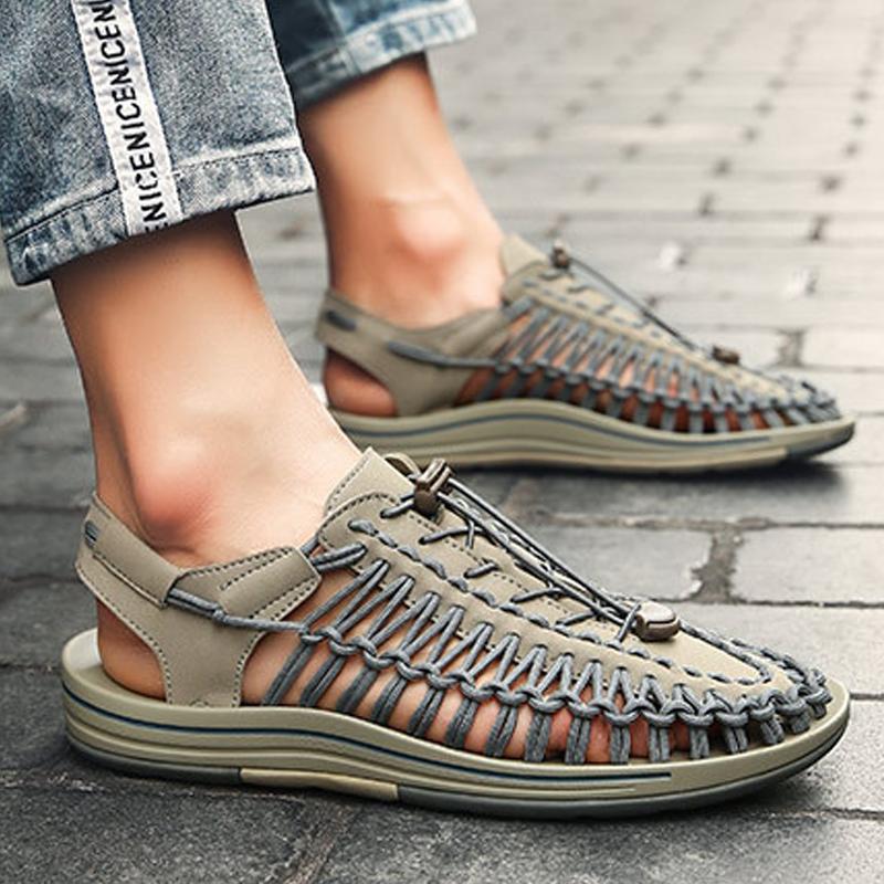 Men's Cutout Leather Woven Casual Sandals