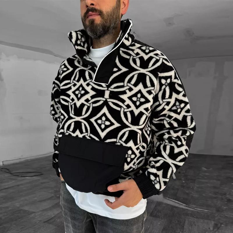 Patterned Plush Sweatshirt With Pockets