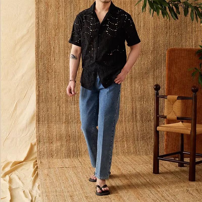 Men's Cuban Collar Cutout Short Sleeve Shirt