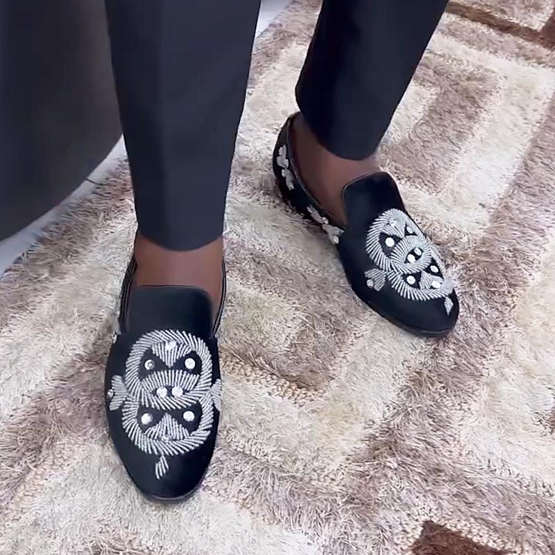 Men's Rhinestone Embroidered Suede Loafers