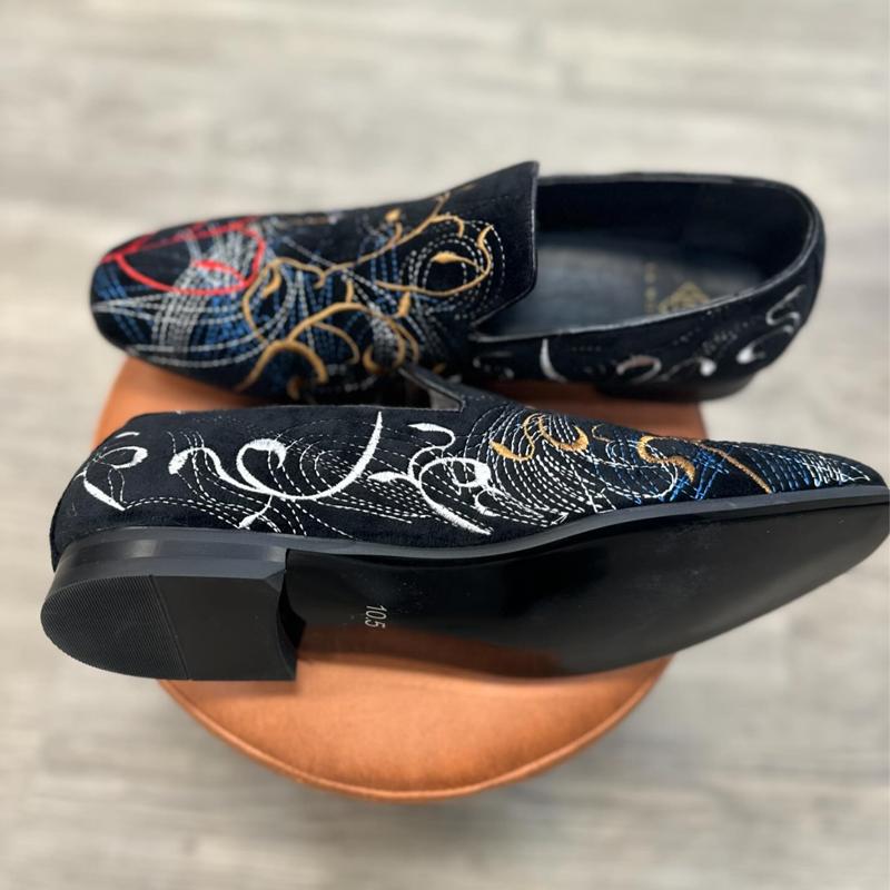 Men's Black Suede Embroidered Loafers