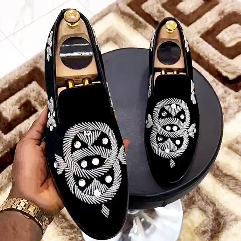 Men's Rhinestone Embroidered Suede Loafers